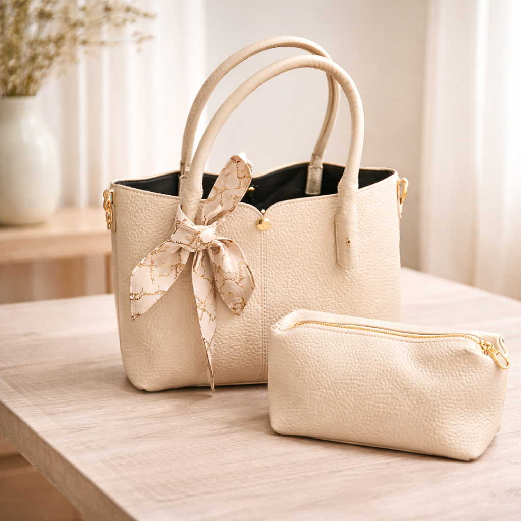 Beige Scarf Detail Tote Set