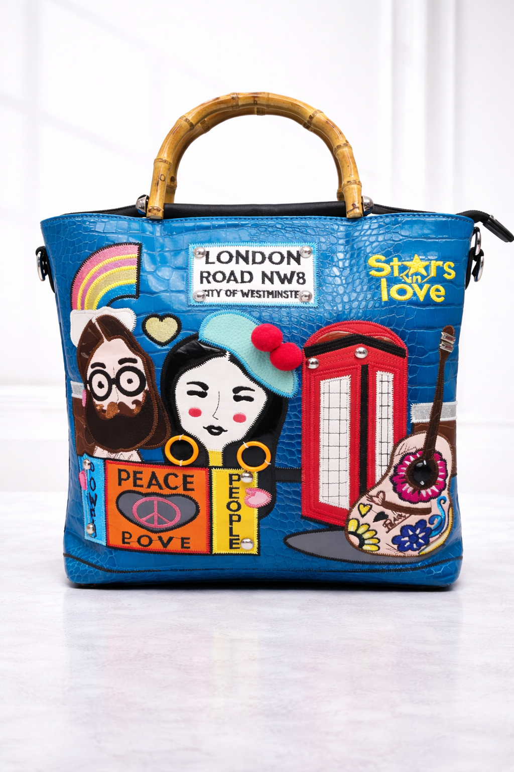 London Pop Art Blue Bamboo Handle Tote Bag