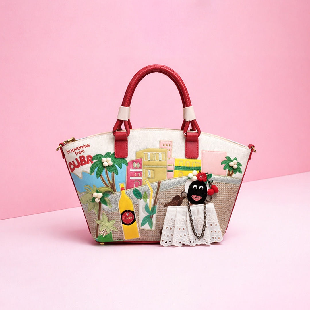 Hand-Painted Cuban City Tote Bag with Doll Charm